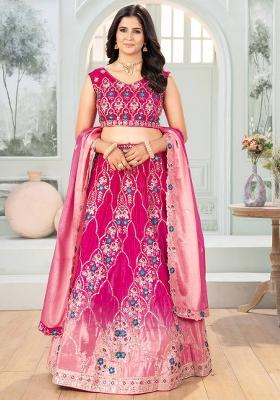 Pink Sequence Embroidered Chinon Lehenga Set With Dupatta