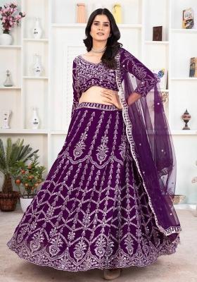 Plum Sequence Embroidered Georgette Lehenga Set With Dupatta