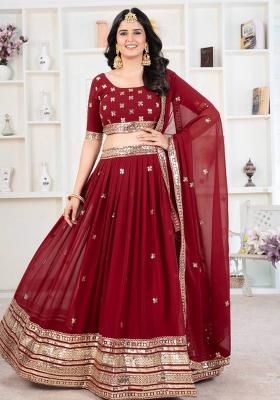Red Sequence Embroidered Georgette Lehenga Set With Dupatta
