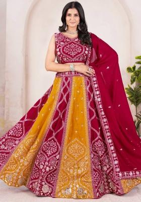 Red And Yellow Sequence Embroidered Vichitra Silk Lehenga Set With Dupatta