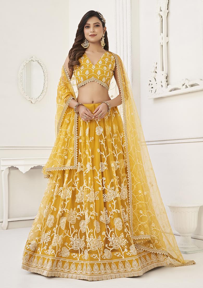 Yellow Sequin Embroidered Butterfly Net Lehenga Set