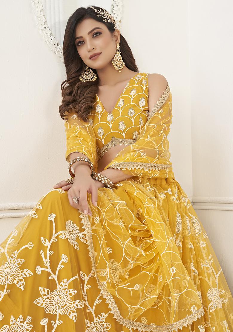 Yellow Sequin Embroidered Butterfly Net Lehenga Set