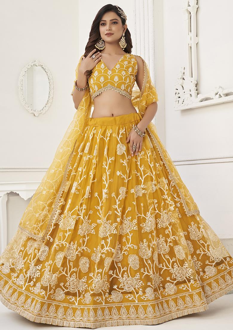 Yellow Sequin Embroidered Butterfly Net Lehenga Set
