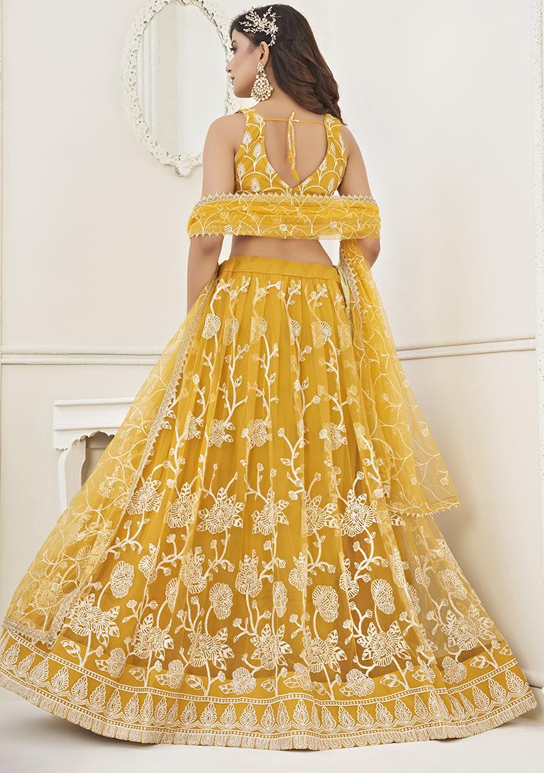 Yellow Sequin Embroidered Butterfly Net Lehenga Set