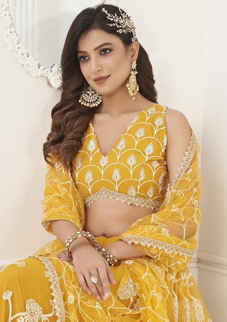 Yellow Sequin Embroidered Butterfly Net Lehenga Set