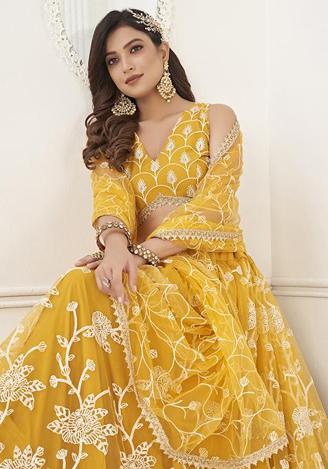 Yellow Sequin Embroidered Butterfly Net Lehenga Set