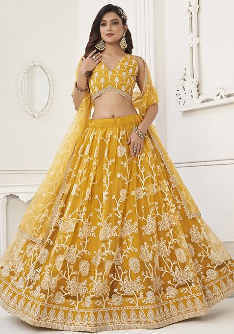 Yellow Sequin Embroidered Butterfly Net Lehenga Set