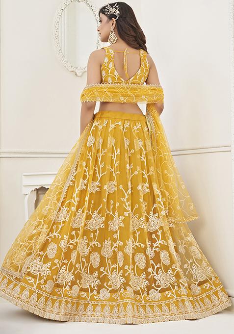 Yellow Sequin Embroidered Butterfly Net Lehenga Set