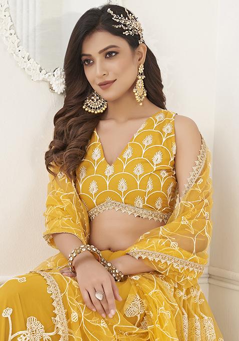Yellow Sequin Embroidered Butterfly Net Lehenga Set