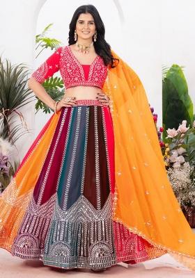 Multi Color Sequence Embroidered Georgette Lehenga Set With Dupatta