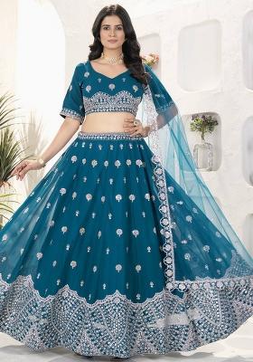 Light Teal Sequence Embroidered Georgette Lehenga Set With Dupatta
