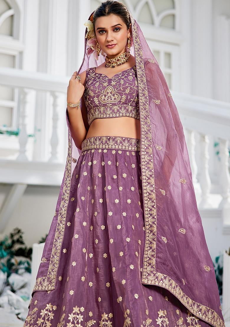 Lavender Sequence Embroidered Tissue Lehenga Set With Dupatta - Indya