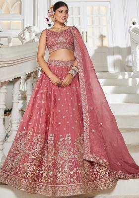 Pink Sequence Embroidered Tissue Lehenga Set With Dupatta