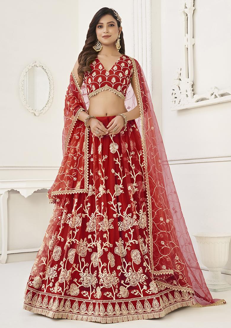Red Sequin Embroidered Butterfly Net Lehenga Set