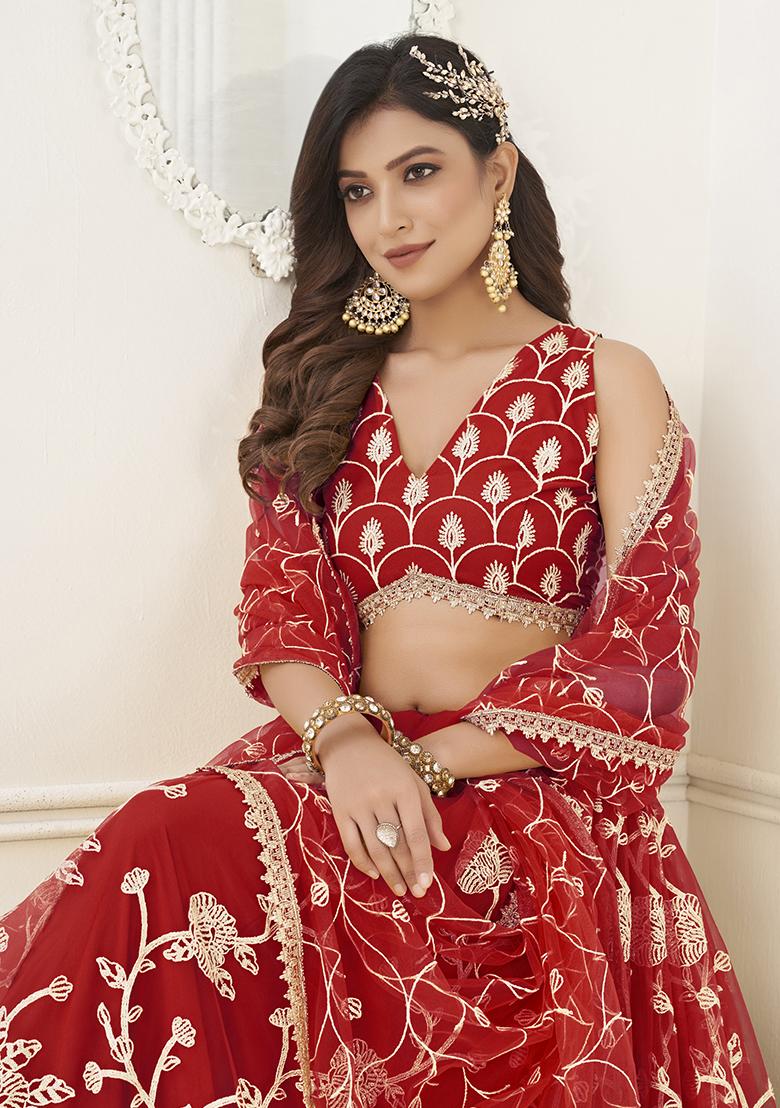 Red Sequin Embroidered Butterfly Net Lehenga Set