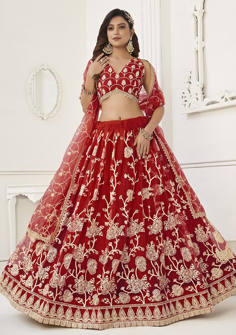 Red Sequin Embroidered Butterfly Net Lehenga Set
