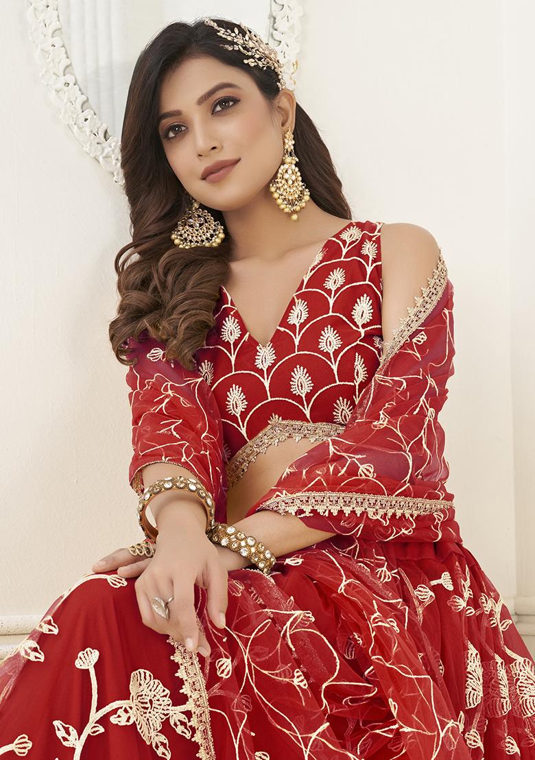Red Sequin Embroidered Butterfly Net Lehenga Set