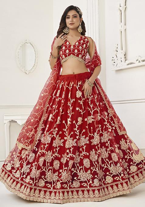 Red Sequin Embroidered Butterfly Net Lehenga Set