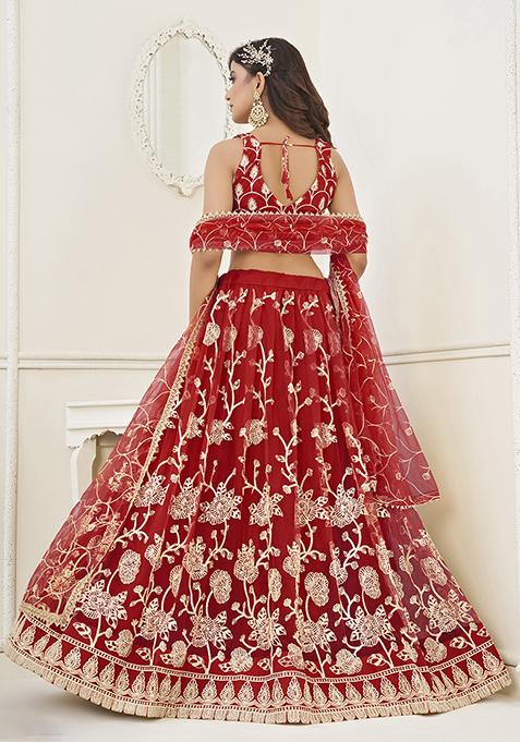 Red Sequin Embroidered Butterfly Net Lehenga Set