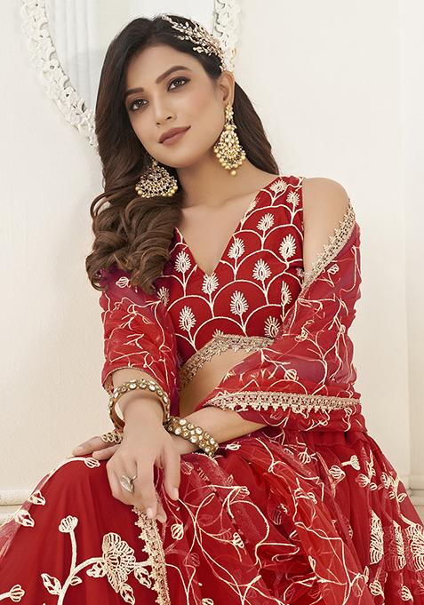 Red Sequin Embroidered Butterfly Net Lehenga Set