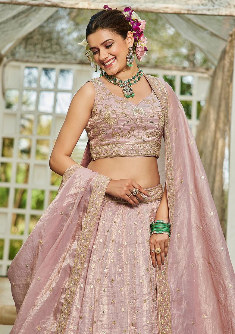 Muave Sequence Embroidered Tissue Lehenga Set With Dupatta - Indya