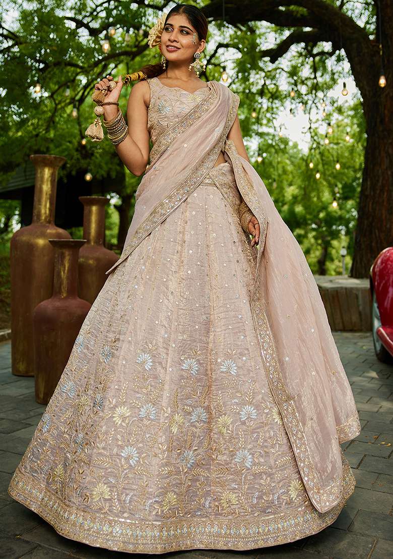 Nude Sequence Embroidered Tissue Lehenga Set With Dupatta - Indya