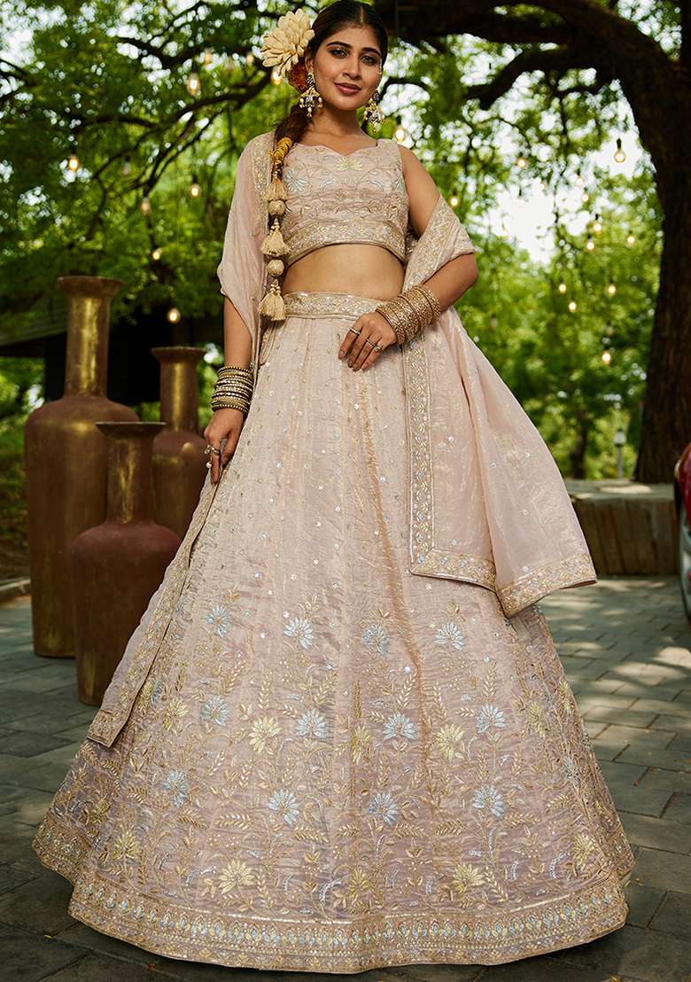 Nude Sequence Embroidered Tissue Lehenga Set With Dupatta - Indya