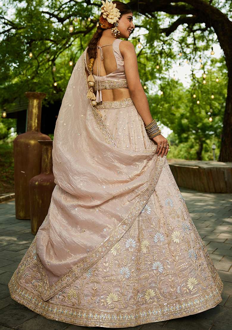 Nude Sequence Embroidered Tissue Lehenga Set With Dupatta - Indya