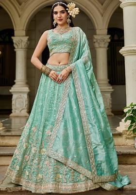 Seagreen Sequence Embroidered Tissue Lehenga Set With Dupatta