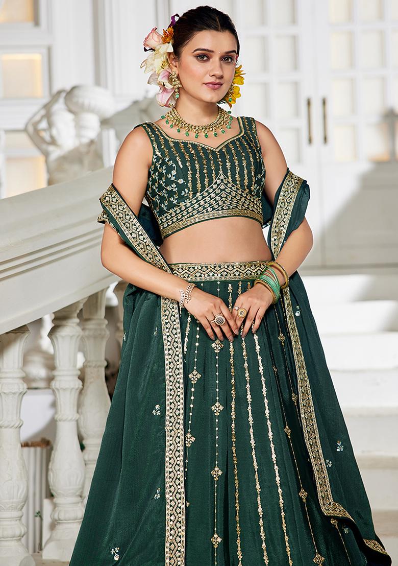 Green Sequence Embroidered Poly Georgette Lehenga Set With Dupatta - Indya