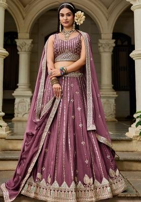Rose Gold Sequence Embroidered Poly Georgette Lehenga Set With Dupatta