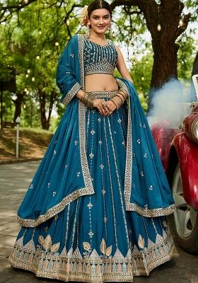 Teal Sequence Embroidered Poly Georgette Lehenga Set With Dupatta