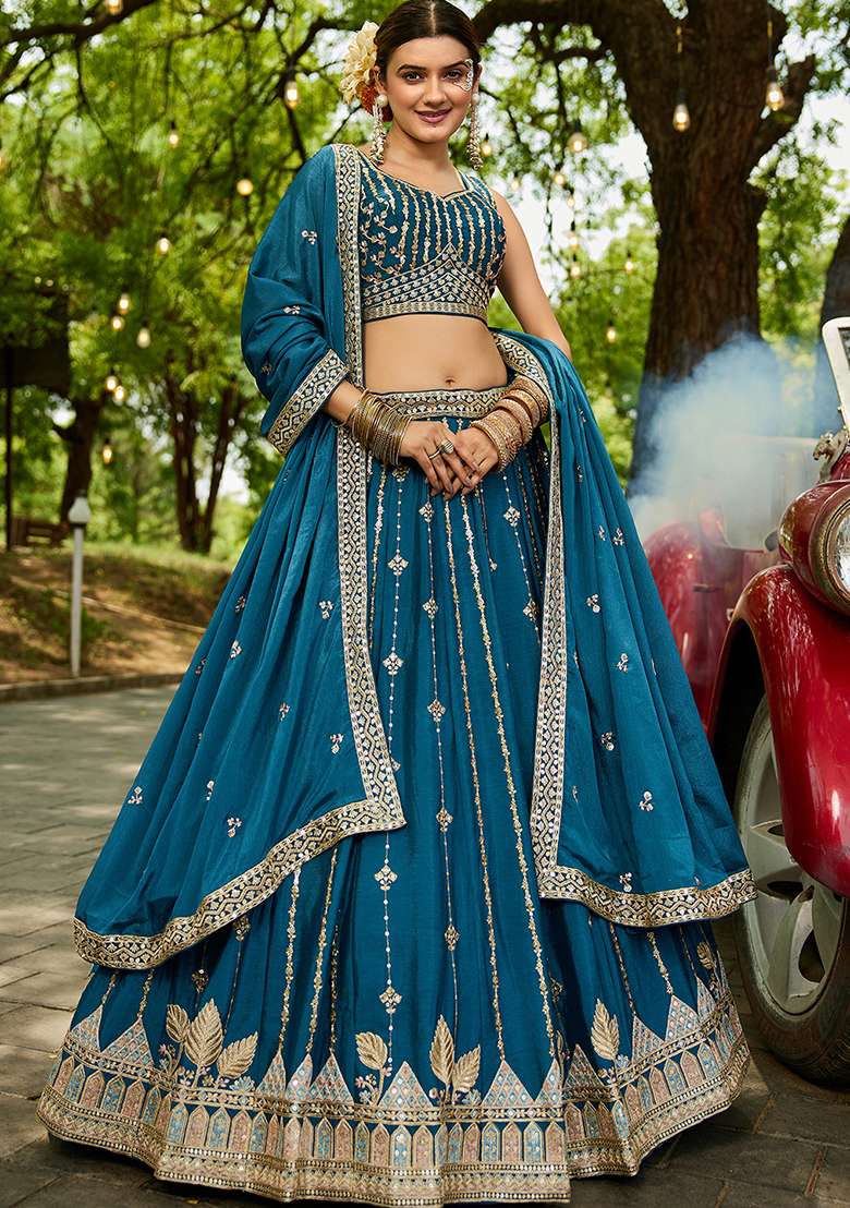 Teal Sequence Embroidered Poly Georgette Lehenga Set With Dupatta - Indya
