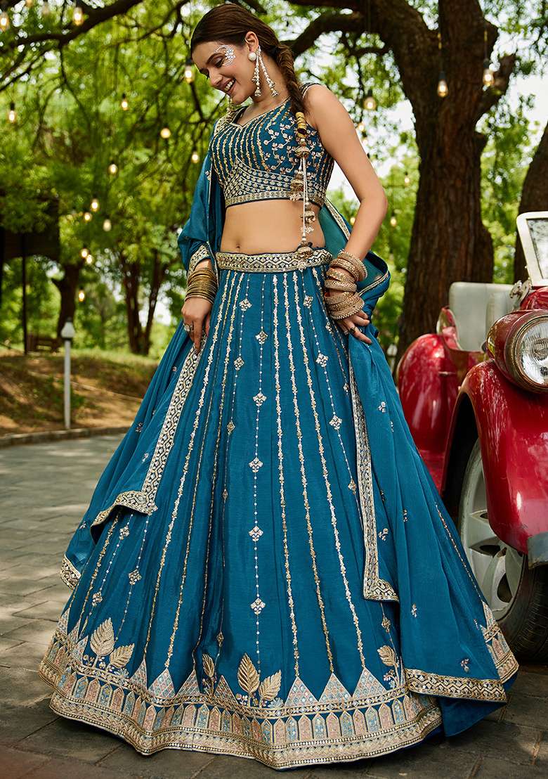Teal Sequence Embroidered Poly Georgette Lehenga Set With Dupatta - Indya