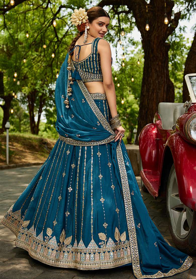 Teal Sequence Embroidered Poly Georgette Lehenga Set With Dupatta - Indya