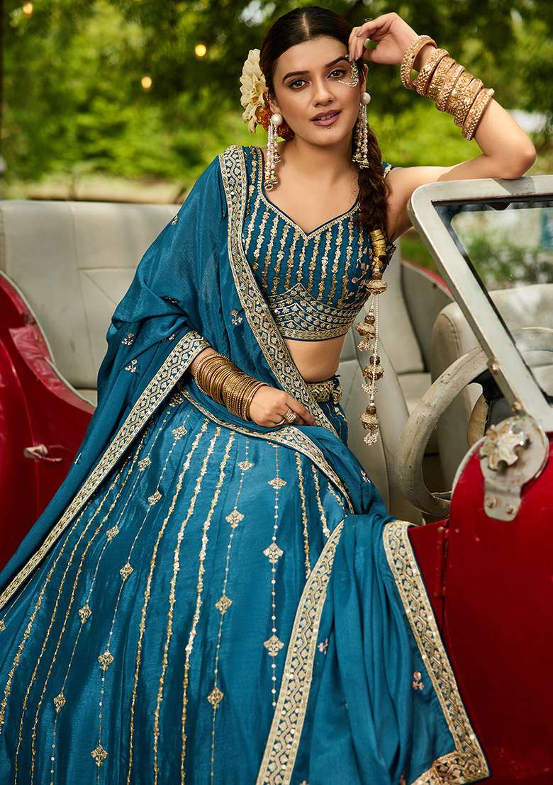 Teal Sequence Embroidered Poly Georgette Lehenga Set With Dupatta - Indya