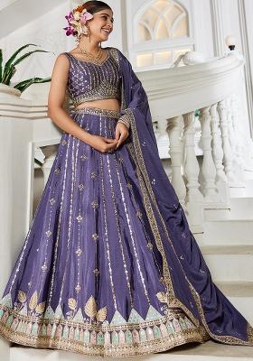 Violet Sequence Embroidered Poly Georgette Lehenga Set With Dupatta