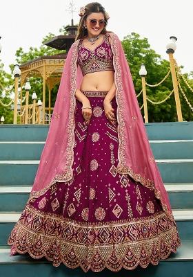 Burgundy Sequence Embroidered Poly Georgette Lehenga Set With Dupatta