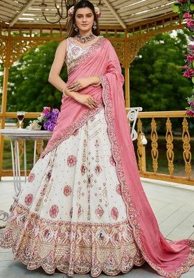 Cream Sequence Embroidered Poly Georgette Lehenga Set With Dupatta