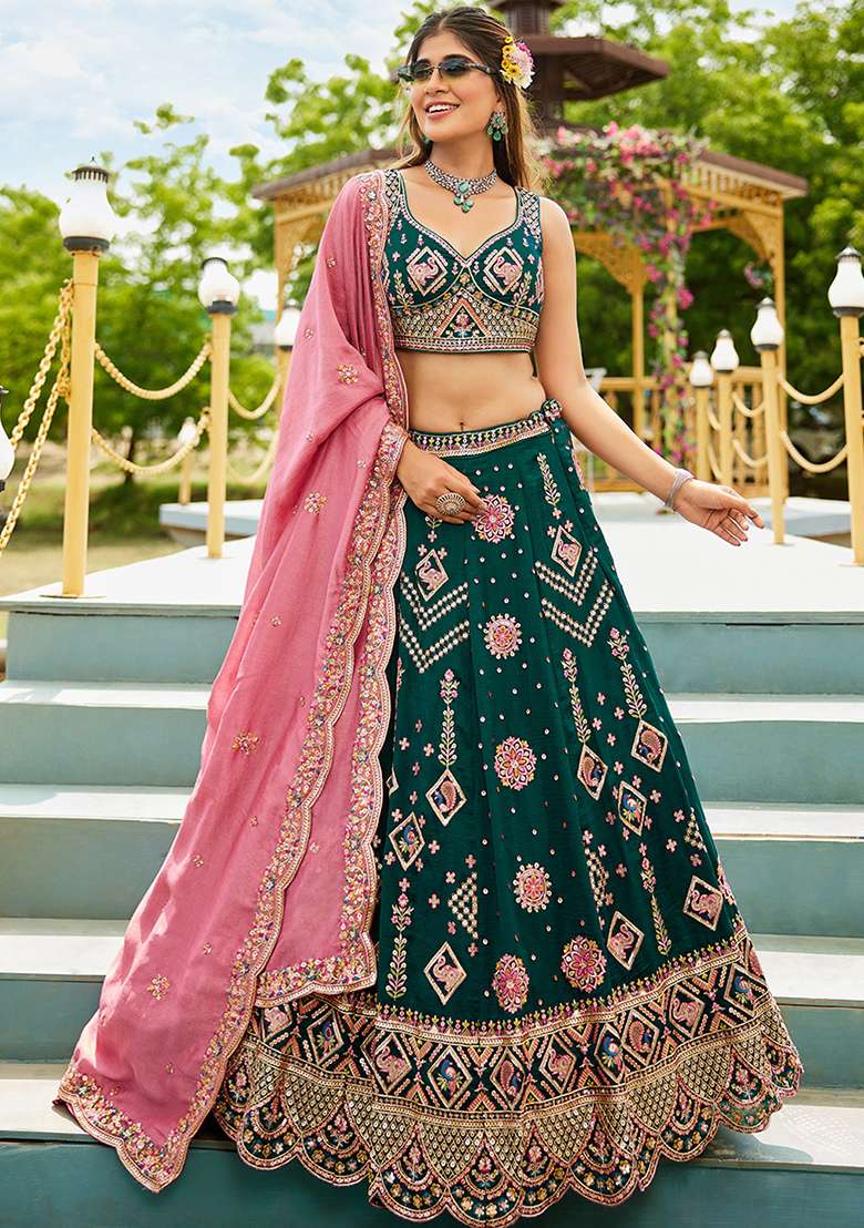 Green Sequence Embroidered Poly Georgette Lehenga Set With Dupatta - Indya