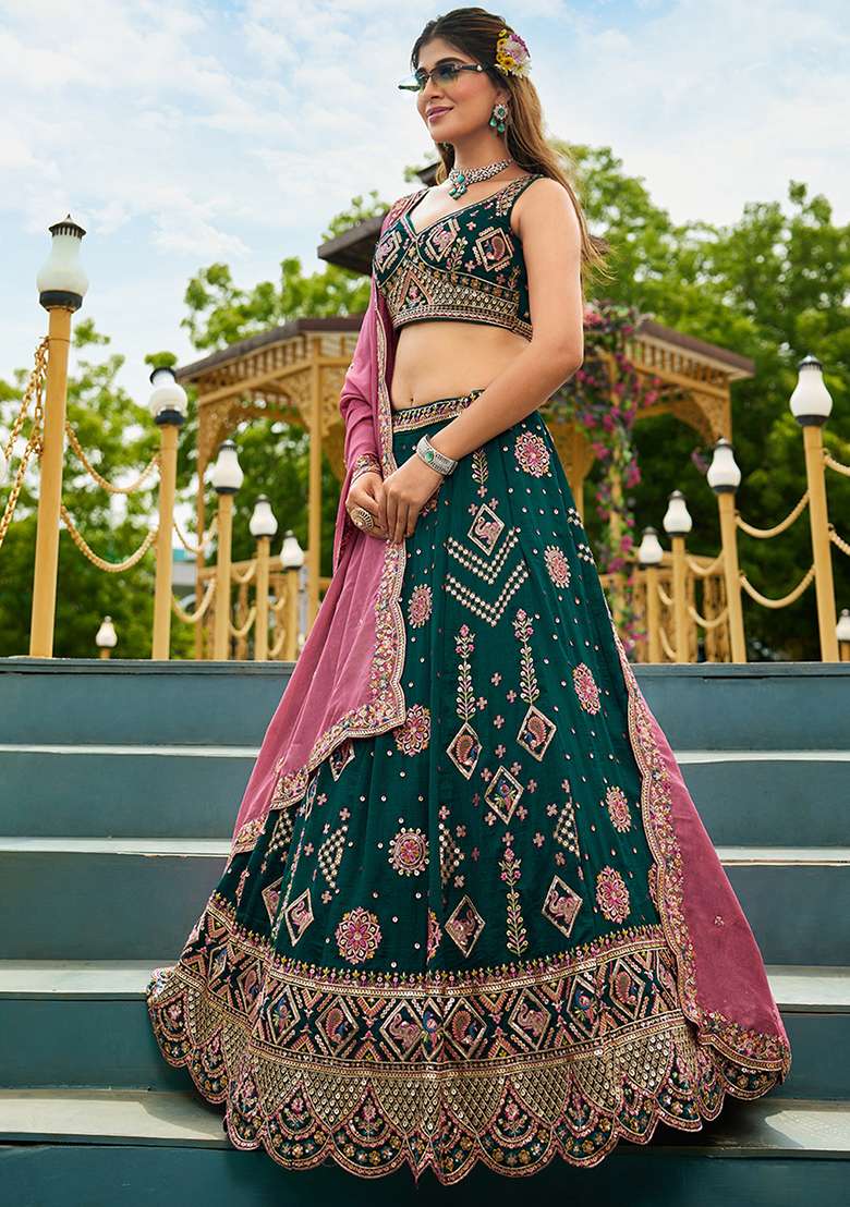 Green Sequence Embroidered Poly Georgette Lehenga Set With Dupatta - Indya