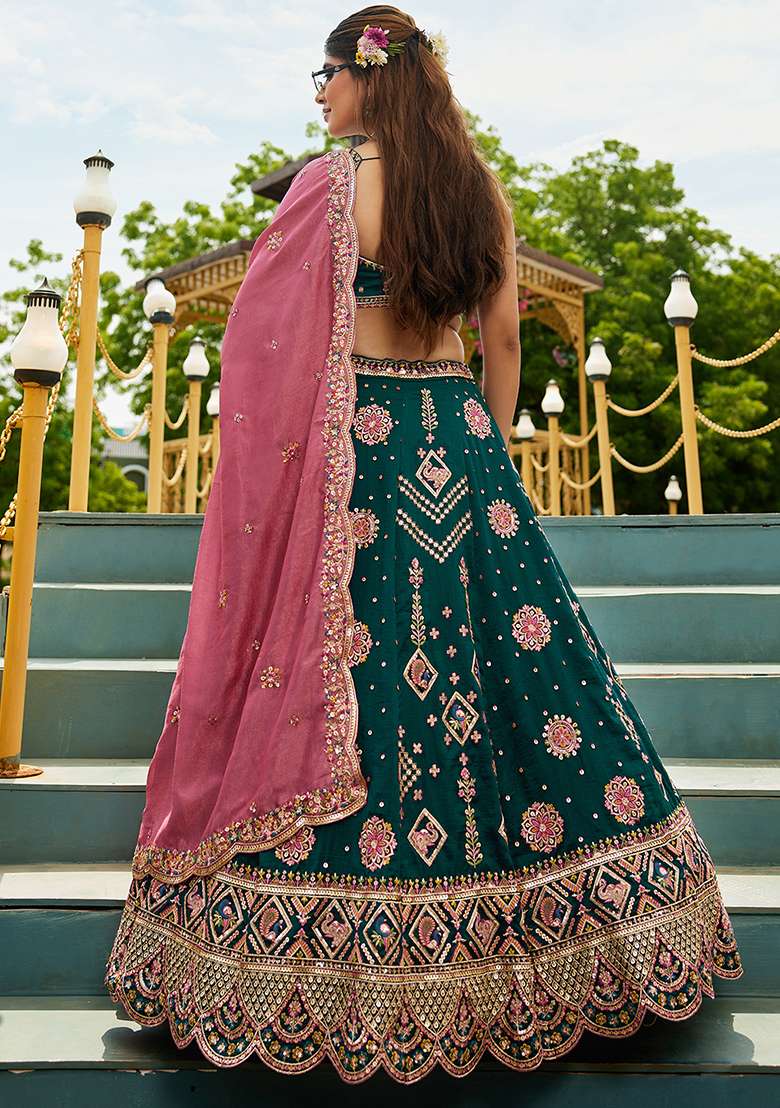 Green Sequence Embroidered Poly Georgette Lehenga Set With Dupatta - Indya