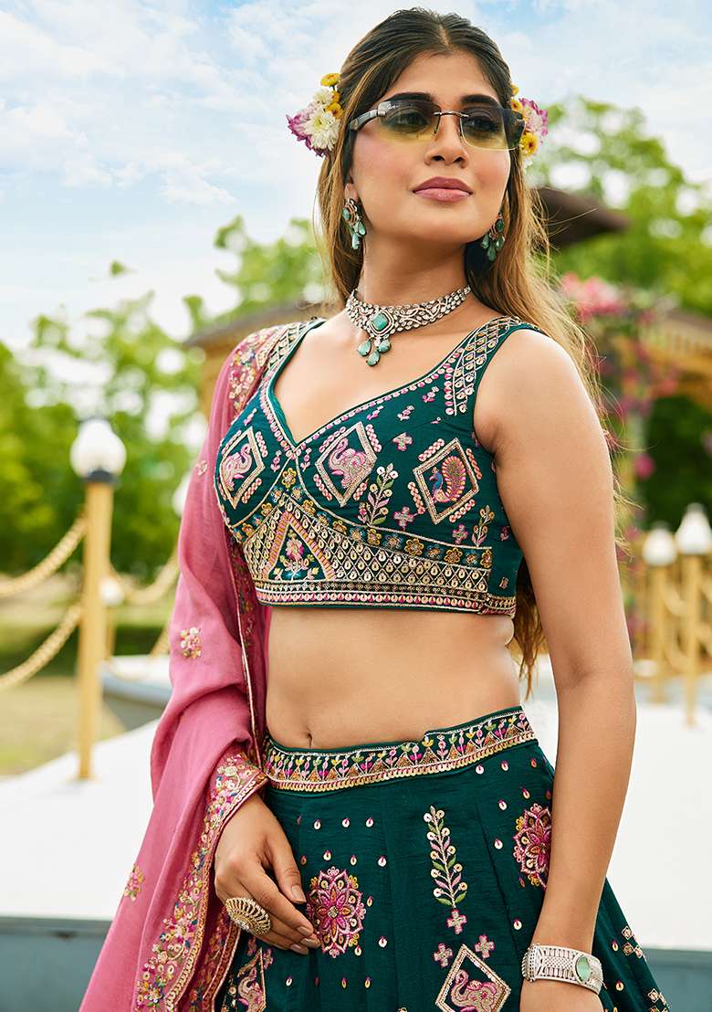 Green Sequence Embroidered Poly Georgette Lehenga Set With Dupatta - Indya