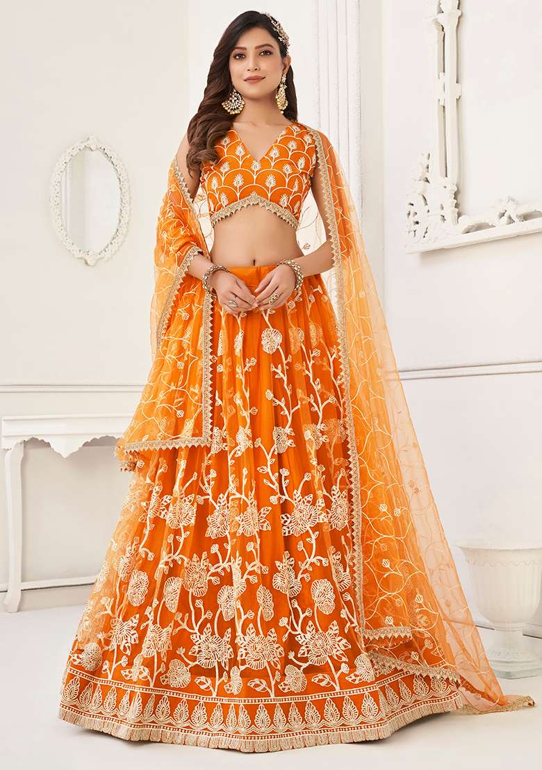 Orange Butterfly Net Lehenga Set with Embroidered & Sequin for Diwali | Wedding & Festive Wear - Indya