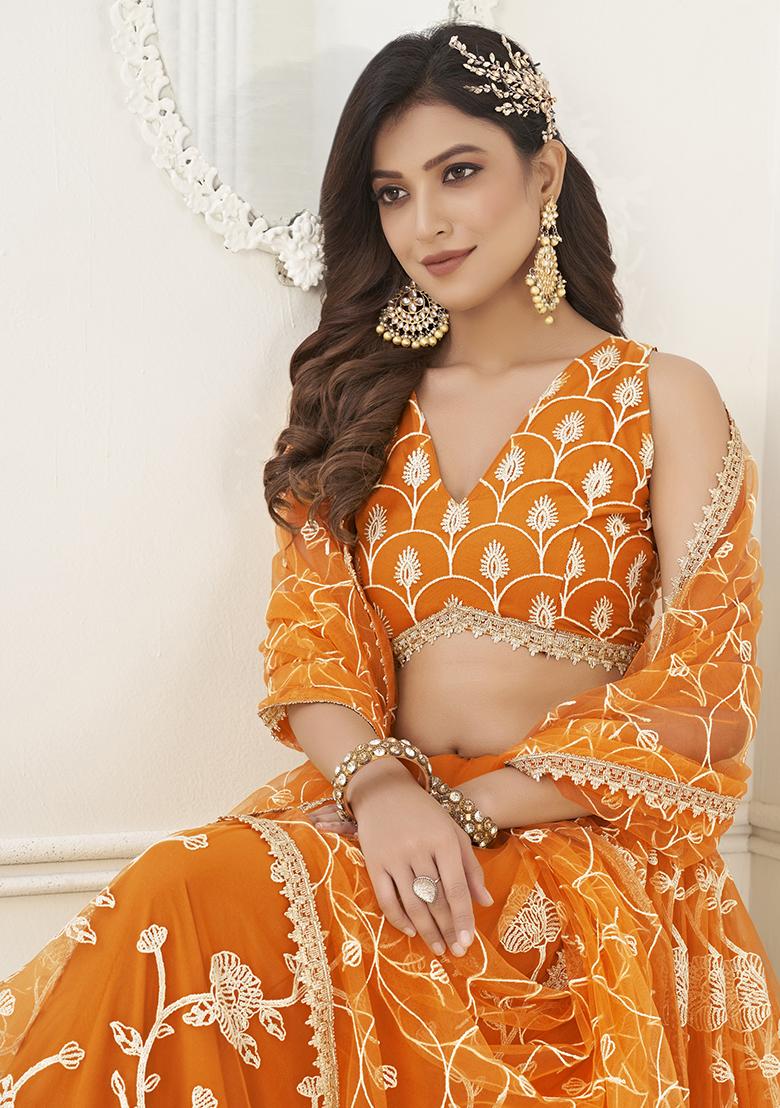 Orange Sequin Embroidered Butterfly Net Lehenga Set