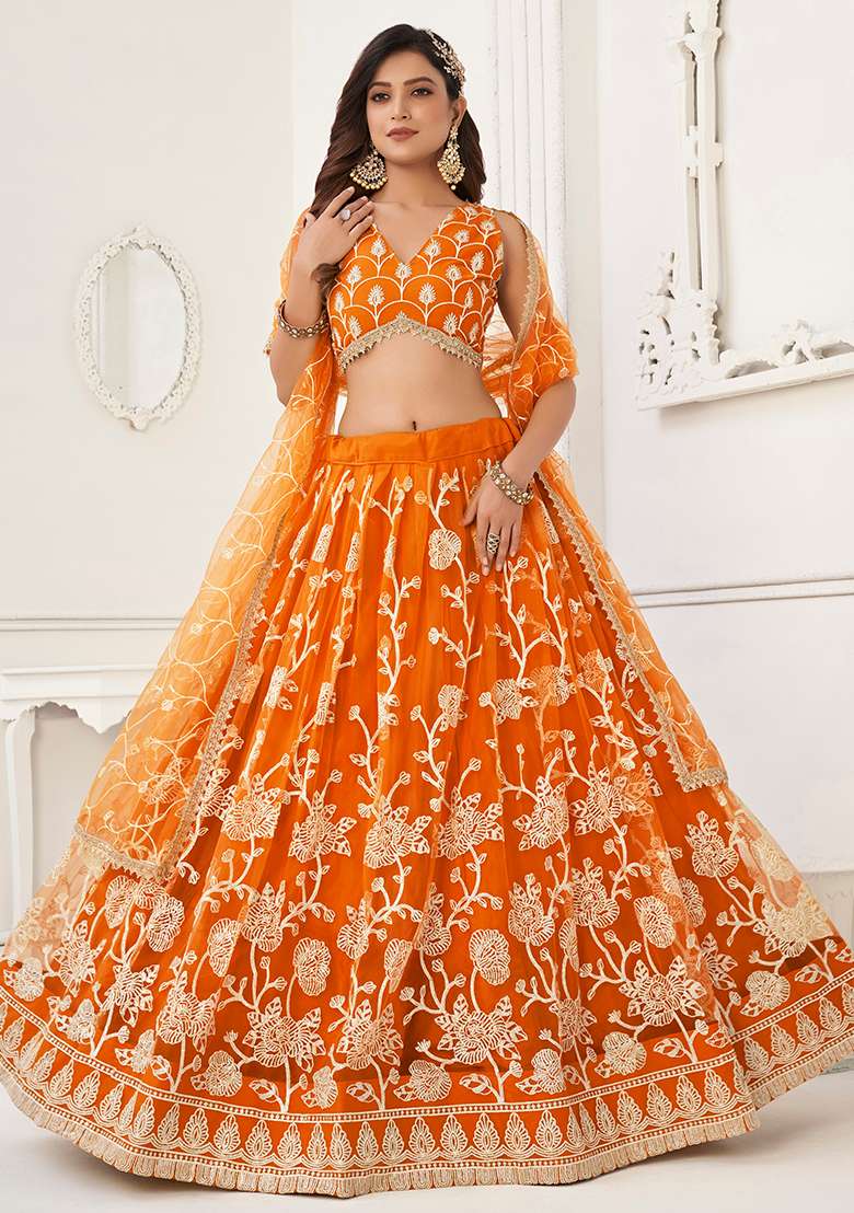 Orange Butterfly Net Lehenga Set with Embroidered & Sequin for Diwali | Wedding & Festive Wear - Indya