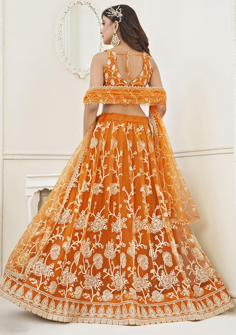 Orange Sequin Embroidered Butterfly Net Lehenga Set
