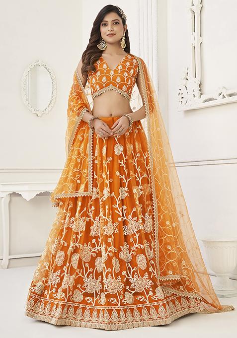 Orange Sequin Embroidered Butterfly Net Lehenga Set