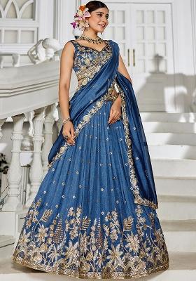 Navy Blue Sequence Embroidered Poly Georgette Lehenga Set With Dupatta