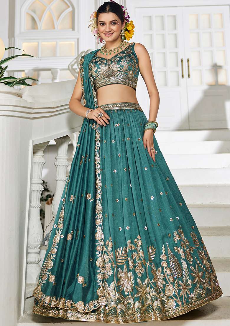 Teal Sequence Embroidered Poly Georgette Lehenga Set With Dupatta - Indya